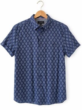 Ted Baker London Navy Geometric Short Sleeve Button Up Shirt Size 4 Large